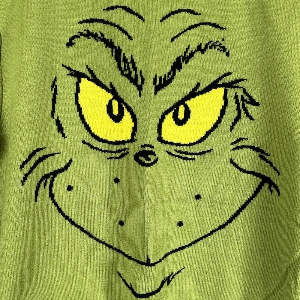 Mad Engine Dr Seuss The Grinch Kids Green Knit Sweater Size Medium Face Logo